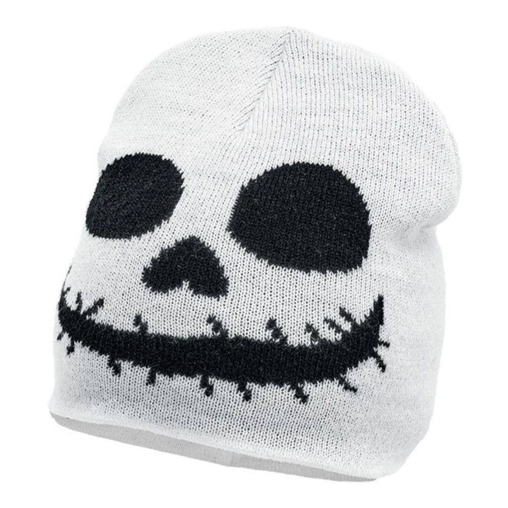 Kids Ghost Beanie Hat — A knitted acrylic beanie in white with a simple black ghost face on the front.