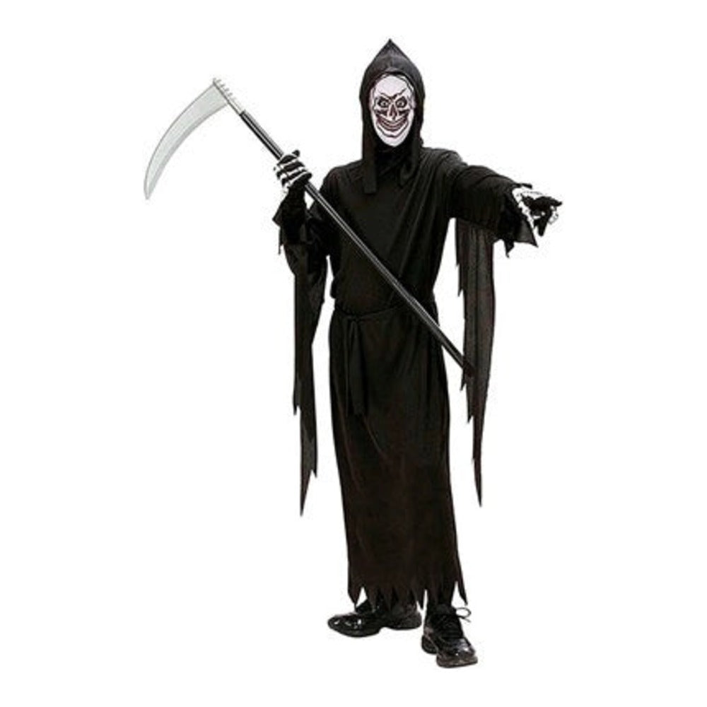 Kids Grim Reaper Costume with black robe, waist belt and hooded skull mask