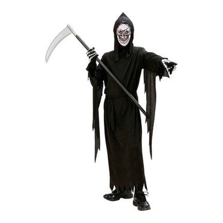 Kids Grim Reaper Costume with black robe, waist belt and hooded skull mask