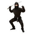 Kids Ninja Costume — A black hooded wrap-front coat with red trim, worn over matching trousers with a red belt, a separat