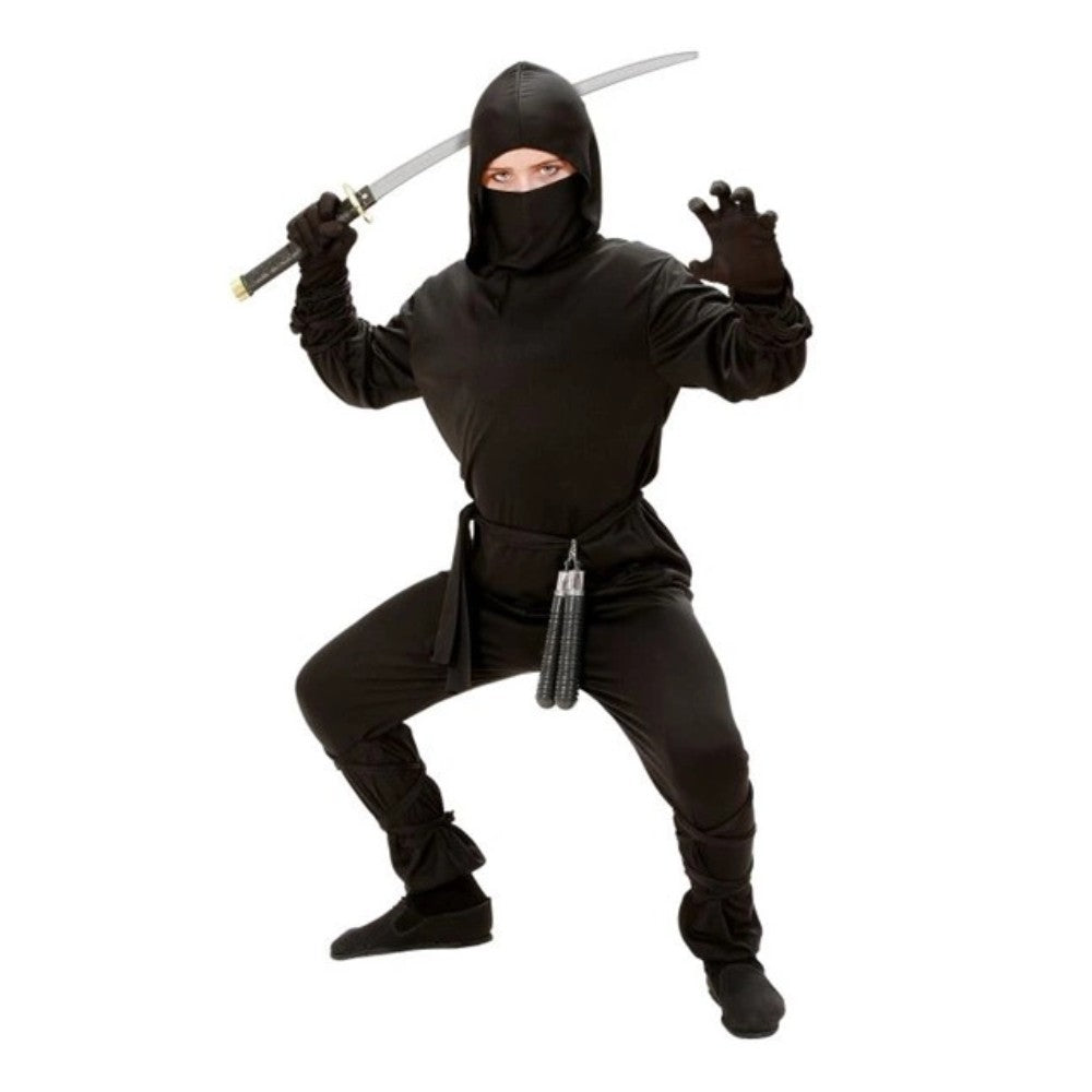 Kids Ninja Costume — A black hooded wrap-front coat with red trim, worn over matching trousers with a red belt, a separat