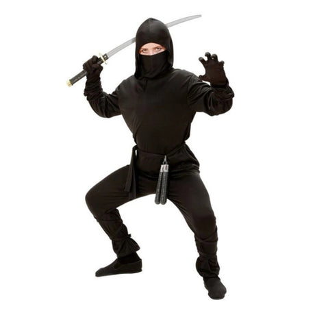 Kids Ninja Costume — A black hooded wrap-front coat with red trim, worn over matching trousers with a red belt, a separat