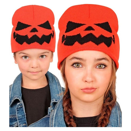 Two children wearing the pumpkin knitted beanie hat