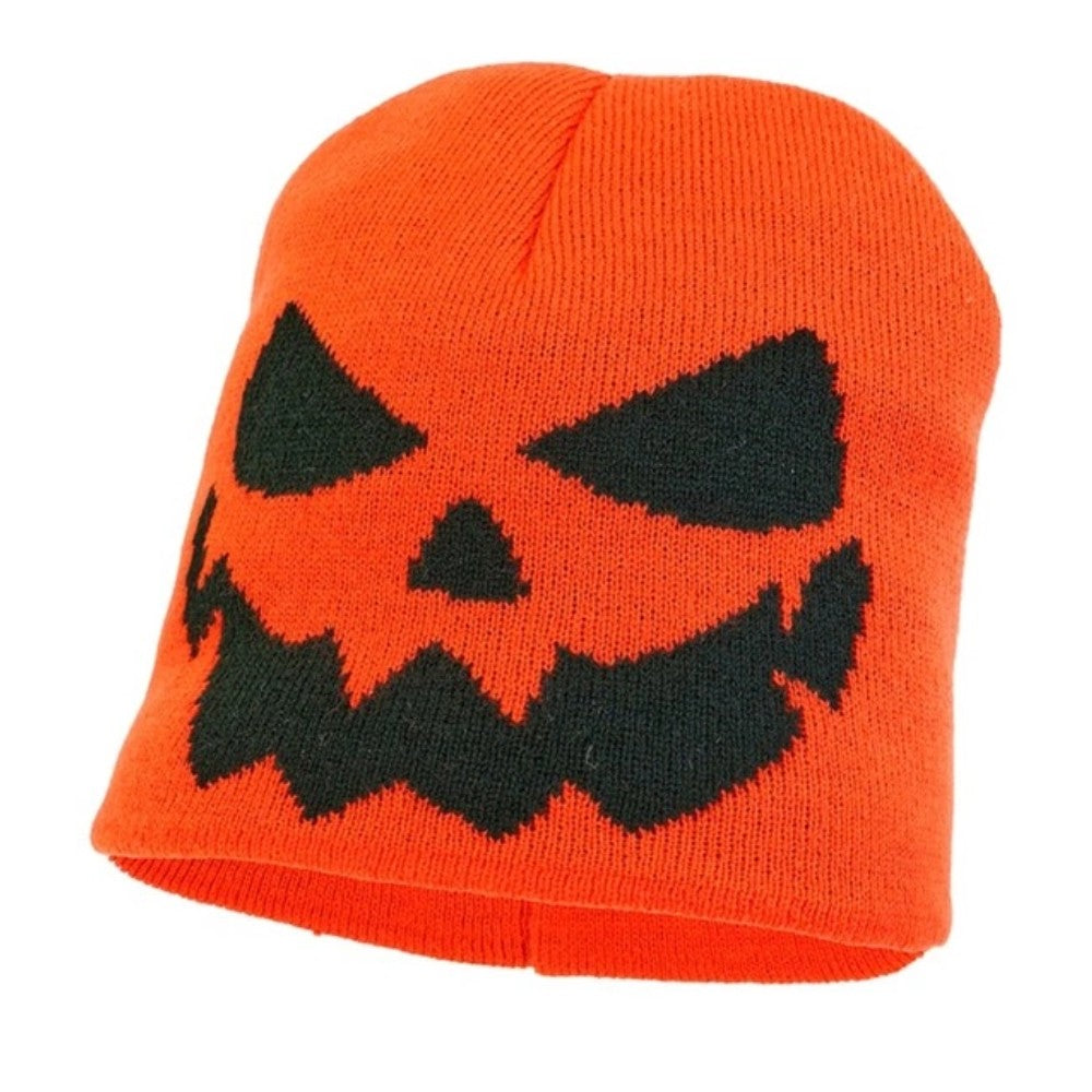 Kids orange knitted beanie hat with black carved pumpkin face