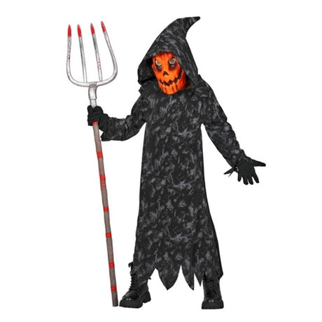 Kids Pumpkin Reaper Costume with floor-length hooded robe and pumpkin mask