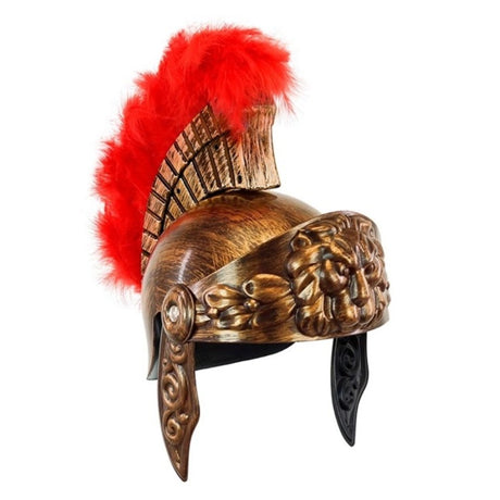 Kids Roman Centurion Helmet — A hard plastic centurion helmet in gold with cheek guards at the sides and a red feather crest runni