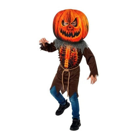 Kids Scary Pumpkin Costume with robe with printed rib cage, waist belt and oversized pumpkin mask