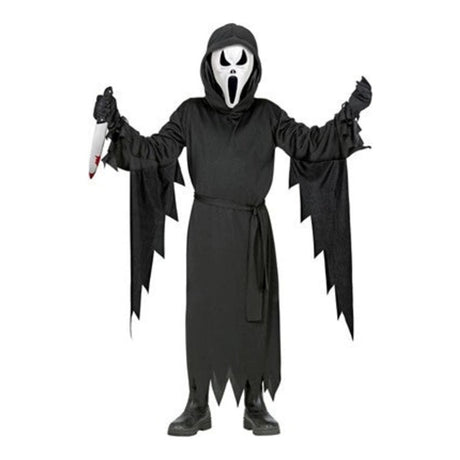 Kids Screaming Ghost Costume with black hooded robe, waist belt and ghost mask
