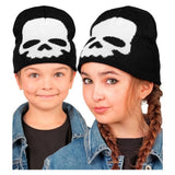 Two children wearing the skull knitted beanie hat