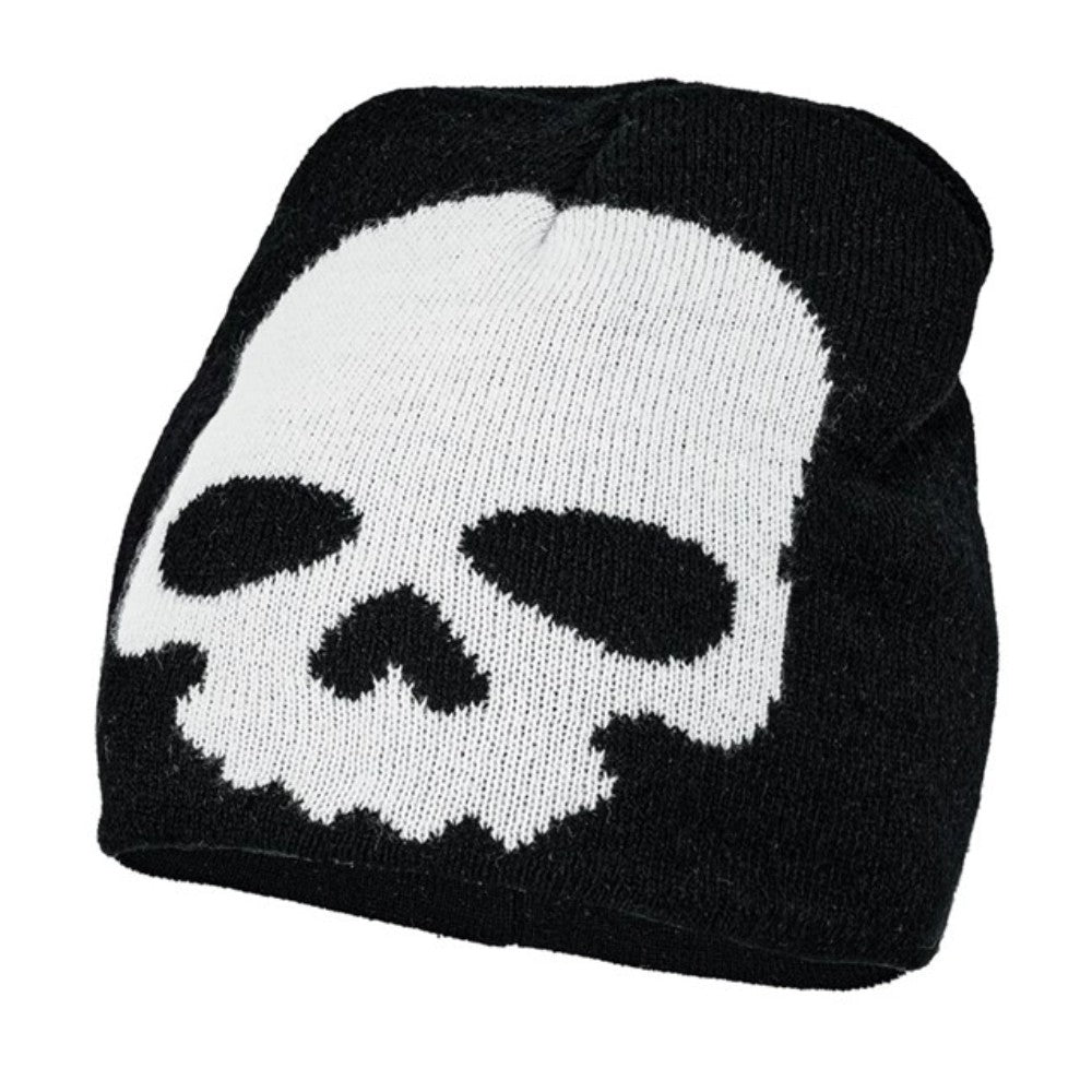 Kids black knitted beanie hat with white skull design
