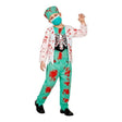 Kids Zombie Doctor Costume with blood-stained coat with printed rib cage, scrub trousers and surgical cap