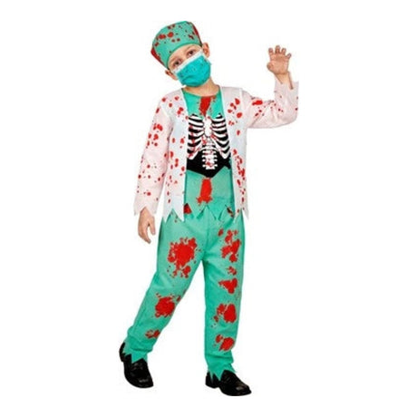 Kids Zombie Doctor Costume with blood-stained coat with printed rib cage, scrub trousers and surgical cap