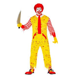 Killer Burger Clown Costume — A red and yellow striped jumpsuit with a bib front, worn with a red neck scarf and matching footless