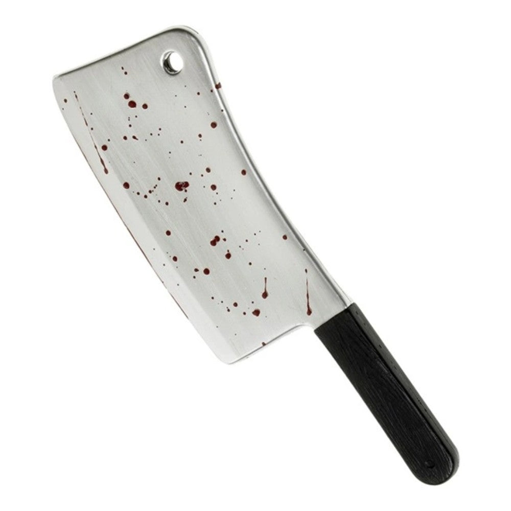 Large Bloody Meat Cleaver — An oversized 44cm cleaver with a broad rectangular silver-effect blade and dark red blood down one s