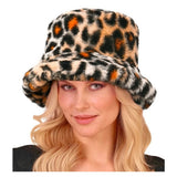 Leopard print plush bucket hat shown from a second angle