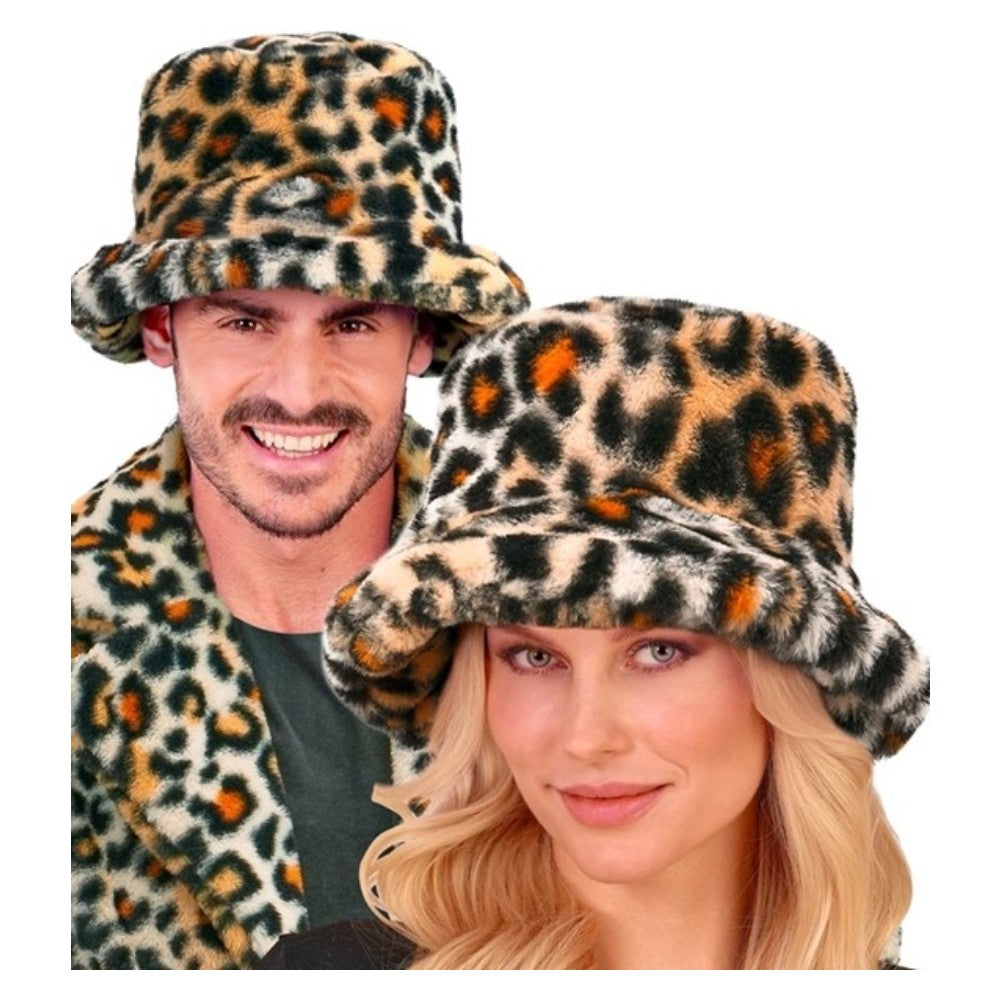Leopard print plush bucket hat worn by two models