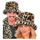 Leopard print plush bucket hat worn by two models
