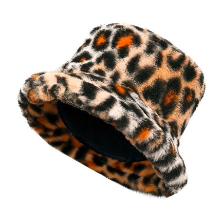 Leopard print faux fur plush bucket hat with rolled brim