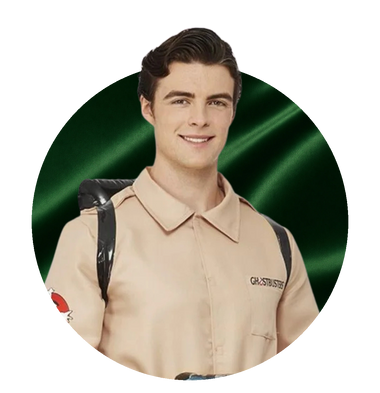 Ghostbusters costumes - man in a Ghostbusters jumpsuit, on a dark green satin circle