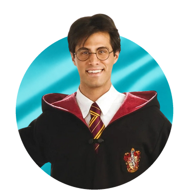 Harry Potter costumes - man in a Gryffindor robe, on a turquoise satin circle