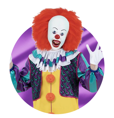 Horror film costumes - man in an IT Pennywise clown costume, on a purple satin circle