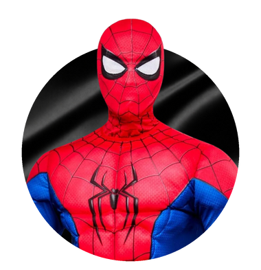 Marvel costumes - man in a Spider-Man costume, on a black satin circle