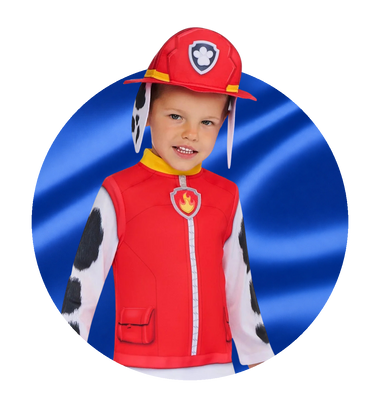 Paw Patrol costumes - child in a Marshall firefighter costume, on a blue satin circle