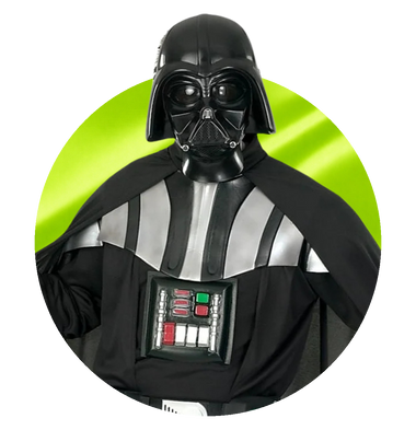 Star Wars costumes - man in a Darth Vader costume, on a lime satin circle