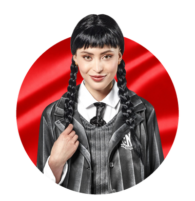 Wednesday Addams costumes - woman in a Wednesday wig and Nevermore uniform, on a red satin circle