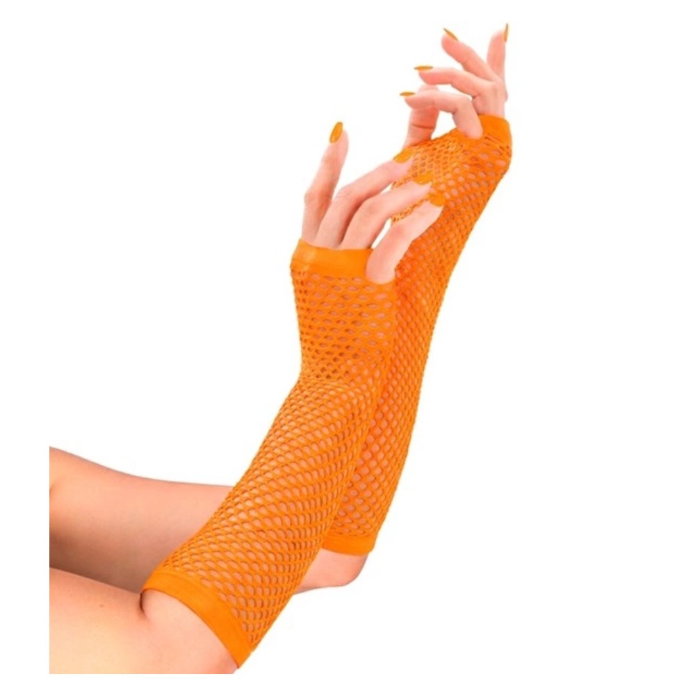 Long Neon Orange Fishnet Fingerless Gloves — view 2