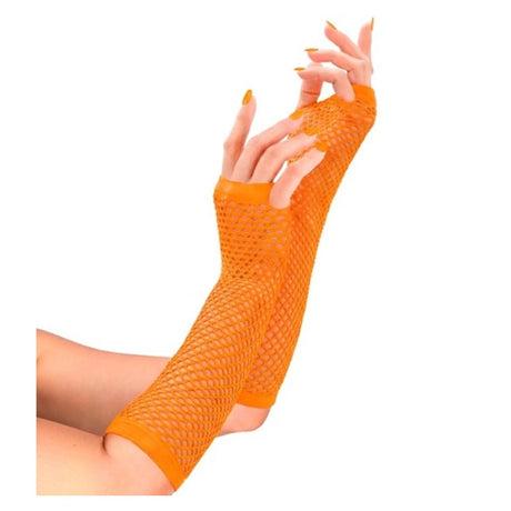 Long Neon Orange Fishnet Fingerless Gloves — view 2