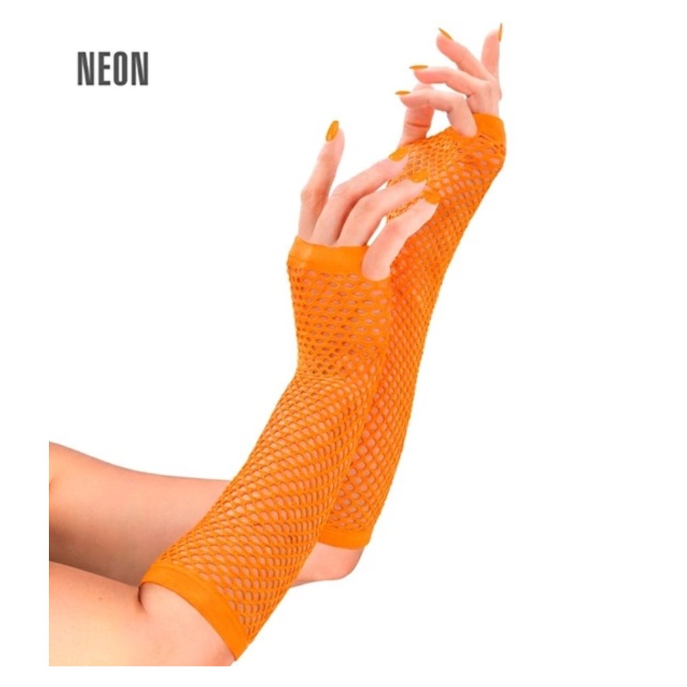 Long Neon Orange Fishnet Fingerless Gloves — A pair of neon orange fishnet gloves, 33cm long, running up the forearm with the fingers left free.