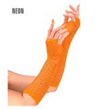 Long Neon Orange Fishnet Fingerless Gloves — A pair of neon orange fishnet gloves, 33cm long, running up the forearm with the fingers left free.