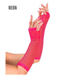 Long Neon Pink Fishnet Fingerless Gloves — A pair of neon pink fishnet gloves, 33cm long, running up the forearm with the fingers left free.