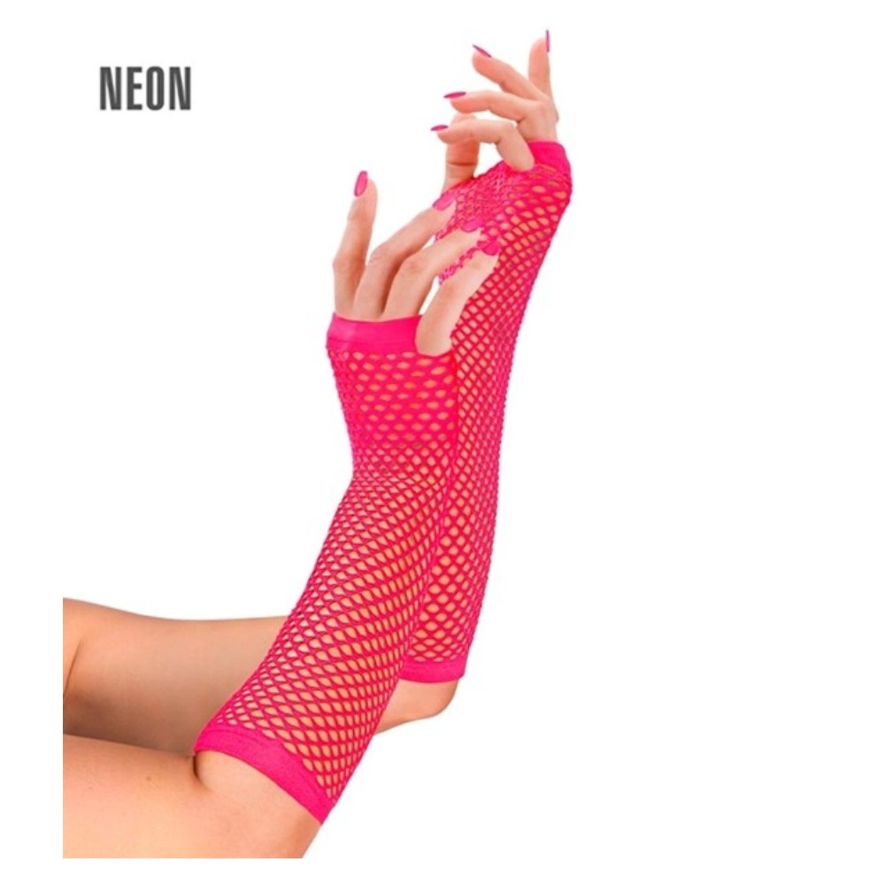 Long Neon Pink Fishnet Fingerless Gloves — A pair of neon pink fishnet gloves, 33cm long, running up the forearm with the fingers left free.