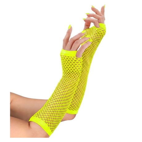 Long Neon Yellow Fishnet Fingerless Gloves — view 2