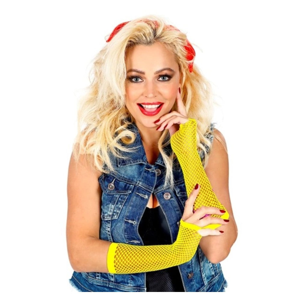 Long Neon Yellow Fishnet Fingerless Gloves — view 3