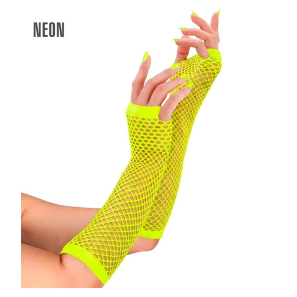 Long Neon Yellow Fishnet Fingerless Gloves — A pair of neon yellow fishnet gloves, 33cm long, running up the forearm with the fingers left free.