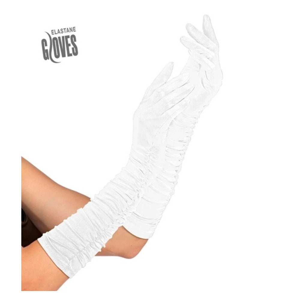 Long White Pleated Gloves — A pair of white pleated gloves, 40cm long, cut wide enough to suit men as well as women.