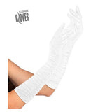 Long White Pleated Gloves — A pair of white pleated gloves, 40cm long, cut wide enough to suit men as well as women.
