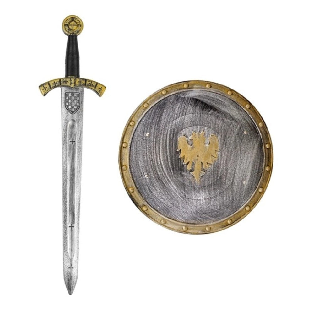 Medieval Knight Sword and Shield Set — A 37cm knight's shield with a 61cm sword, both moulded in silver-grey with red detailing.