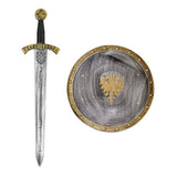 Medieval Knight Sword and Shield Set — A 37cm knight's shield with a 61cm sword, both moulded in silver-grey with red detailing.