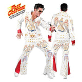 Men's 50s Rock'n'Roll Star Costume — A white jumpsuit-style jacket with a high collar, gold trim and flared white trousers, cut for the s