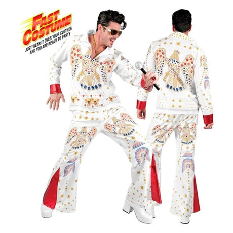 Men's 50s Rock'n'Roll Star Costume — A white jumpsuit-style jacket with a high collar, gold trim and flared white trousers, cut for the s