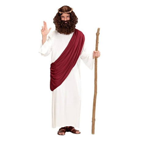 Men's Biblical Robe Costume with Crown of Thorns — A long white gown worn with a draped red toga over one shoulder and a woven crown of thorns.