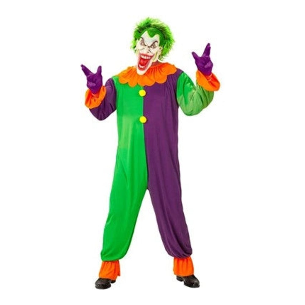 Men's Evil Joker Costume with green and purple overalls and joker mask