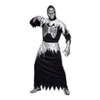 Men's Grim Reaper Robe Costume with hooded robe with printed rib cage, waist belt and hooded skull mask