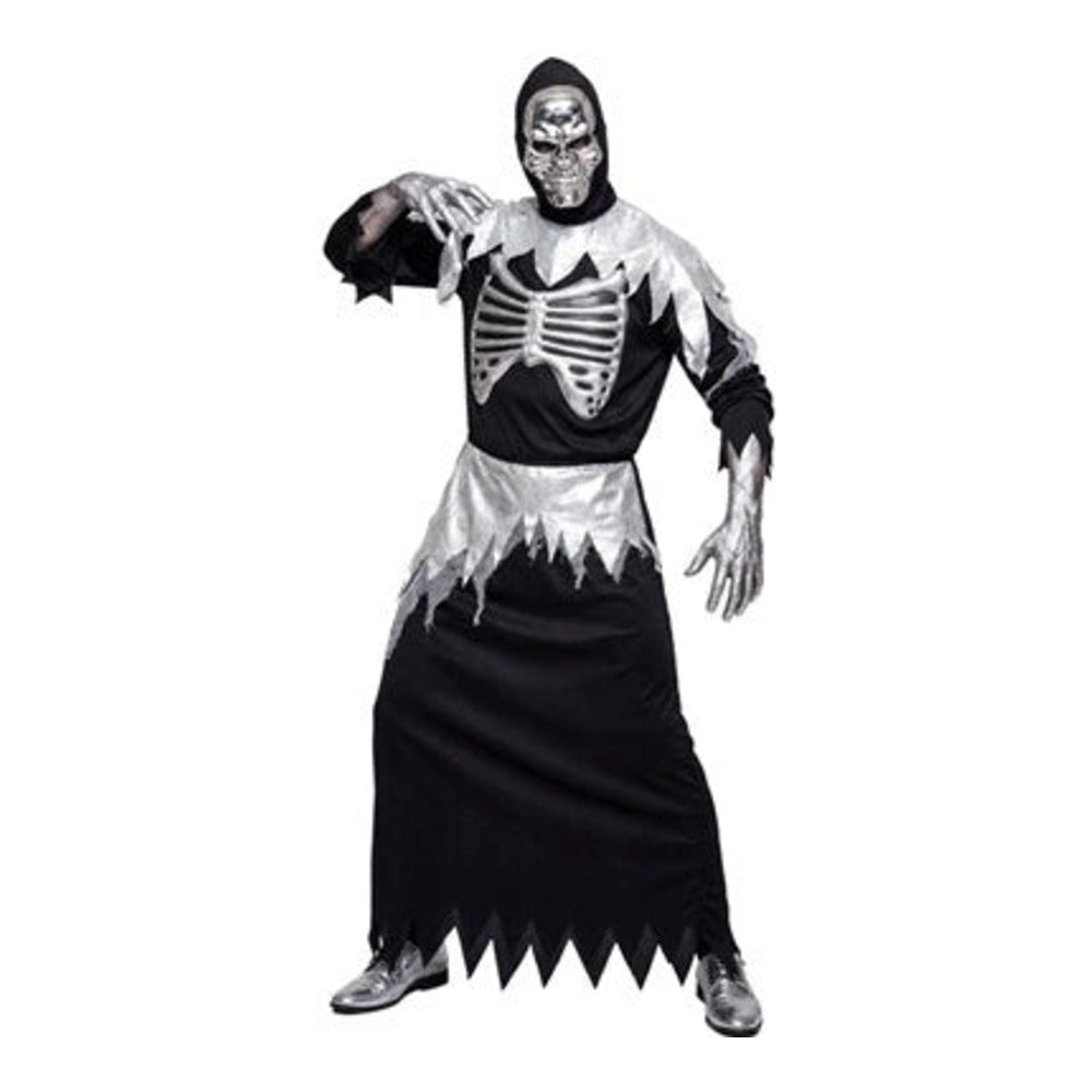 Men's Grim Reaper Robe Costume with hooded robe with printed rib cage, waist belt and hooded skull mask