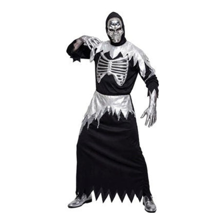 Men's Grim Reaper Robe Costume with hooded robe with printed rib cage, waist belt and hooded skull mask