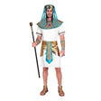 Men's Pharaoh Costume — A white knee-length tunic with gold trim, worn with a wide gold collar, a patterned belt, a pair of 